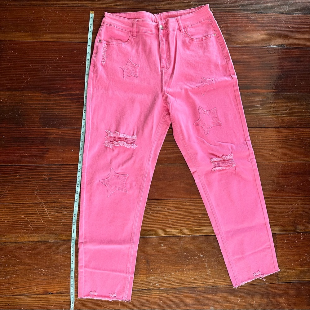Pink Ankle Cropped Distressed Jeans